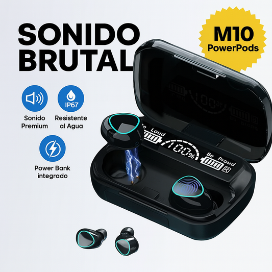 M10 PowerPods™ – Escucha sin límites, carga tu celular y olvídate del ruido